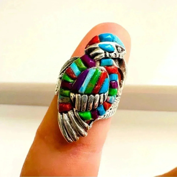 Handmade Sterling Silver & Multi Gem Inlay Bird Ring Size - Picture 4 of 7